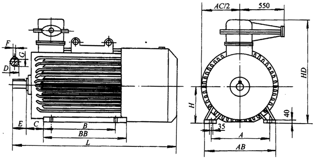 YB系列中型高壓隔爆型三相異步電動機外形尺寸（6kV）